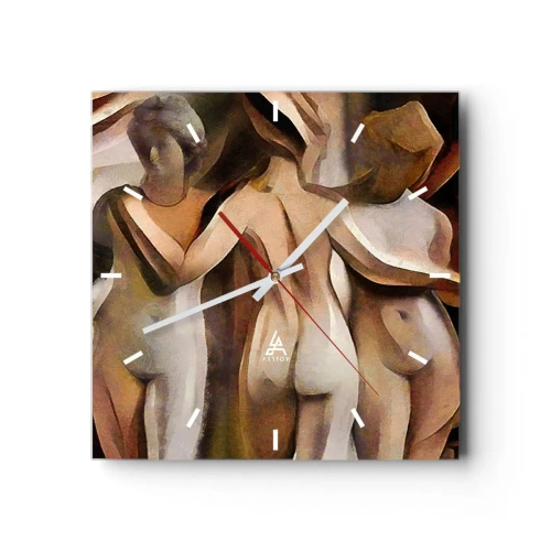 Zegar ścienny - Abstrakcyjna scena z trzema postaciami w ciepłych barwach - 30x30cm - Trzy Gracje 2.0 - Nowoczesna dekoracja ścienna do salonu i sypialni ARTTOR