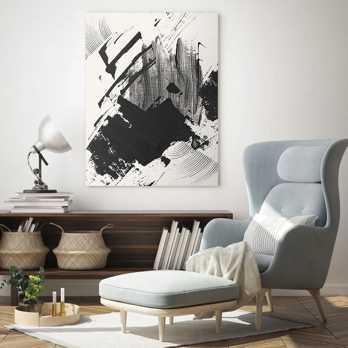 Obraz na szkle - Ekspresyjna abstrakcja w czerni i bieli z dynamicznymi pociągnięciami - 50x70cm - Abstrakcja – ekspresja czerni - Nowoczesna dekoracja ścienna do salonu, kuchni i sypialni ARTTOR