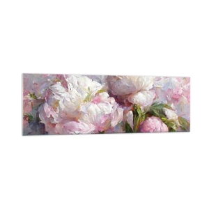 Obraz na szkle - Romantyczne kwiaty piwonii w pastelowych barwach - 160x50cm - Kipiący życiem bukiet - Nowoczesna dekoracja ścienna do salonu i sypialni ARTTOR
