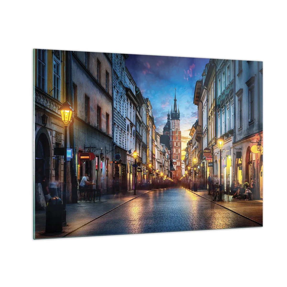 Obraz na szkle - Wieczorny widok na starówkę z kościołem w tle - 100x70cm - Krakowski czar - Nowoczesna dekoracja ścienna do salonu, kuchni i sypialni ARTTOR