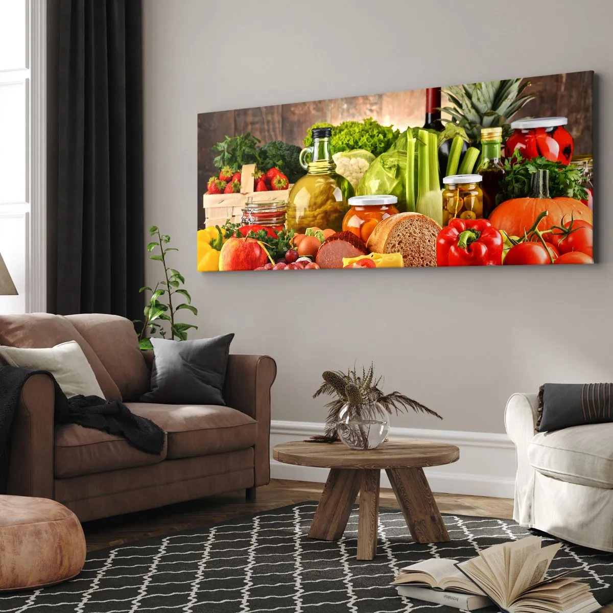Obraz na płótnie - Kolorowe owoce, warzywa i produkty spożywcze - 120x50cm - Wędzone, pieczone, marynowane - Nowoczesna dekoracja ścienna do salonu i sypialni ARTTOR