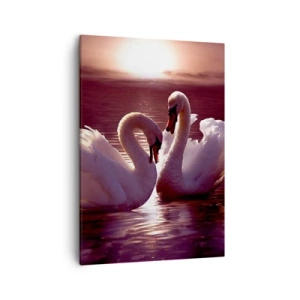 Obraz na płótnie - Dwa łabędzie w wodzie przy zachodzie słońca - 50x70cm - Aż śmierć nas nie rozłączy - Nowoczesna dekoracja ścienna do salonu, kuchni i sypialni ARTTOR