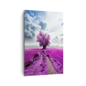 Obraz na płótnie - Samotne drzewo na polu w odcieniu intensywnego różu - 80x120cm - Wrzosowisko - uroczysko - Nowoczesna dekoracja ścienna do salonu i sypialni ARTTOR