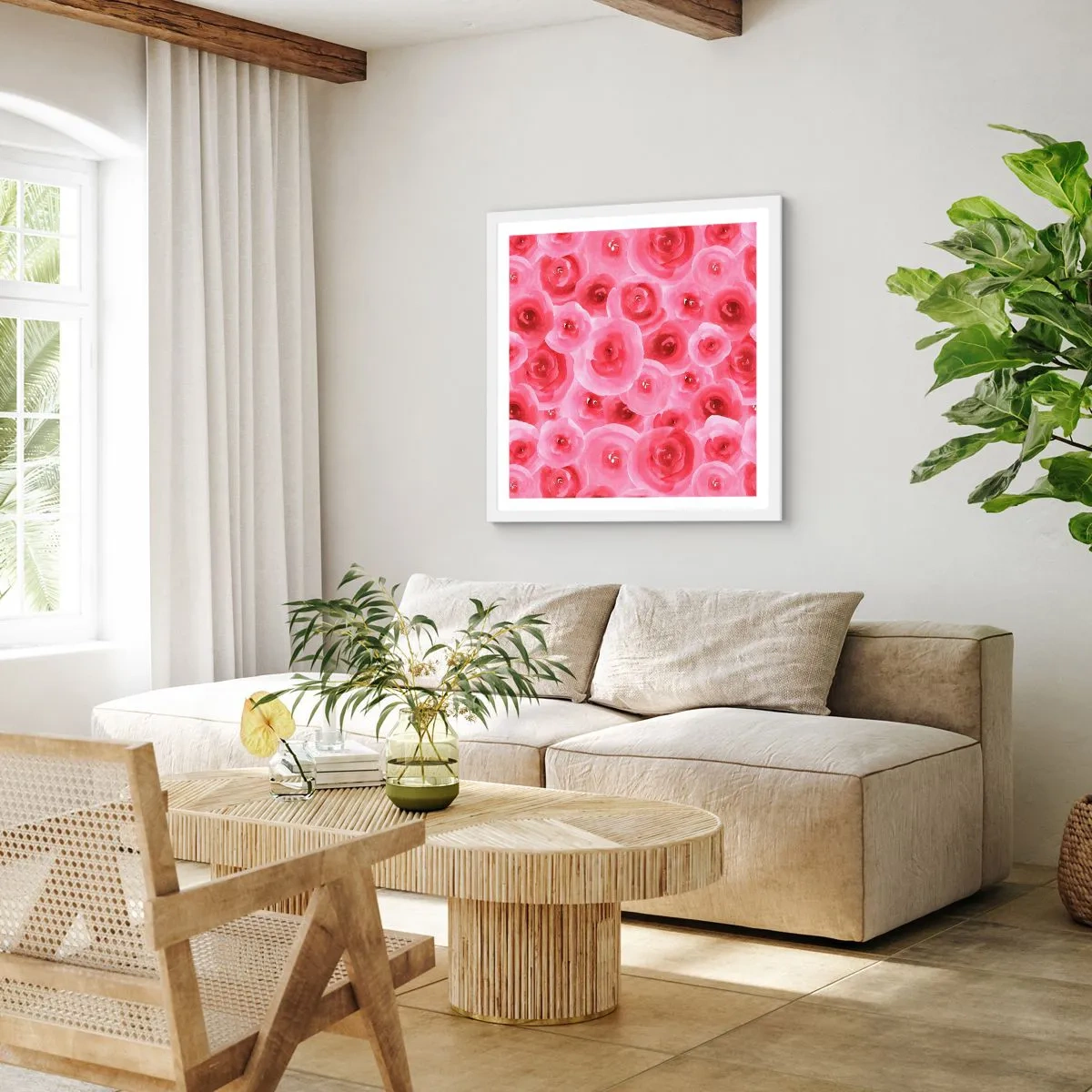 Plakat w białej ramie - Róże na dole i na górze - 40x40 cm