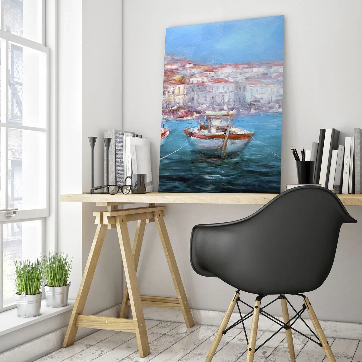 Obraz na szkle - Port rybacki z łodziami w tle włoskich budynków i błękitnego nieba - 50x70cm - Włoska zatoka - Nowoczesna dekoracja ścienna do salonu, kuchni i sypialni ARTTOR