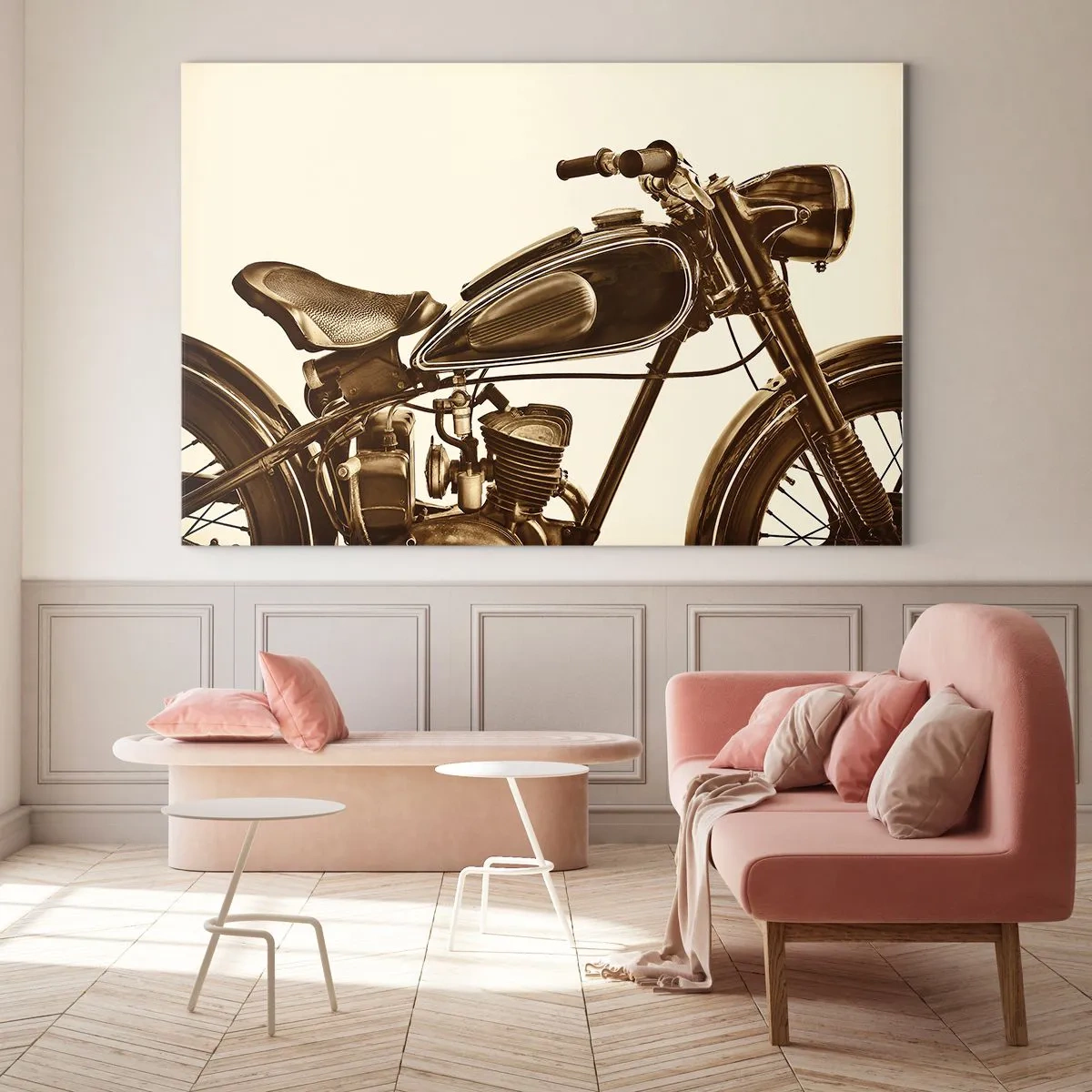 Obraz na szkle - Stylowy motocykl retro w odcieniach sepii na jasnym tle - 120x80cm - Tęsknota za klasyką - Nowoczesna dekoracja ścienna do salonu, kuchni i sypialni ARTTOR