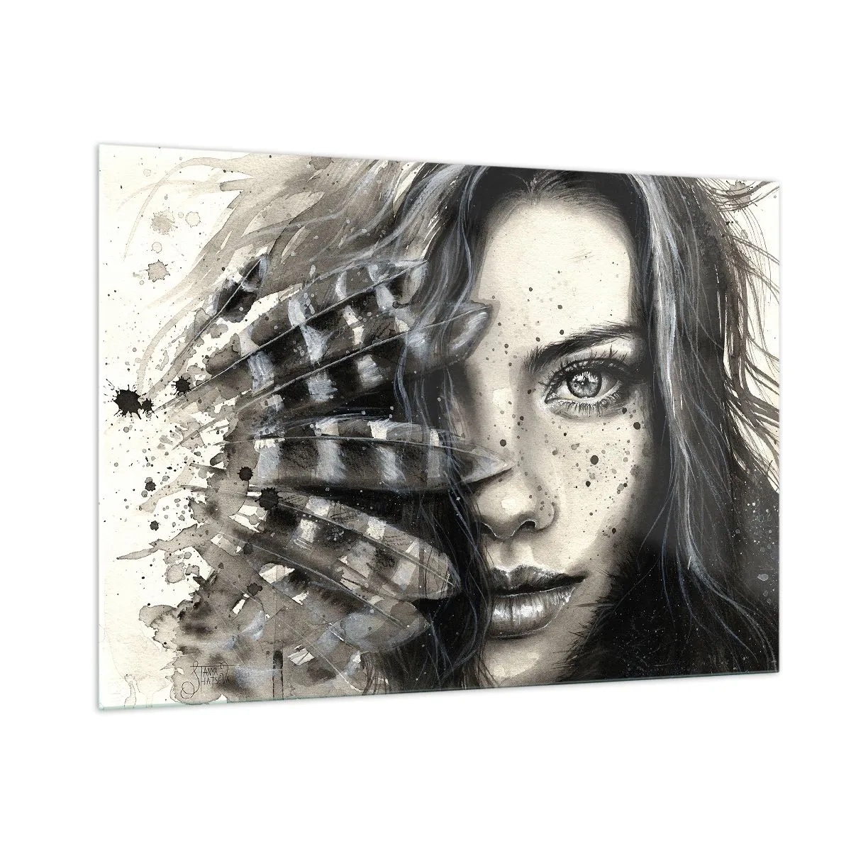 Obraz na szkle - Portret kobiety z piórami i abstrakcyjnymi detalami - 100x70cm - Dzika piękność - Nowoczesna dekoracja ścienna do salonu, kuchni i sypialni ARTTOR