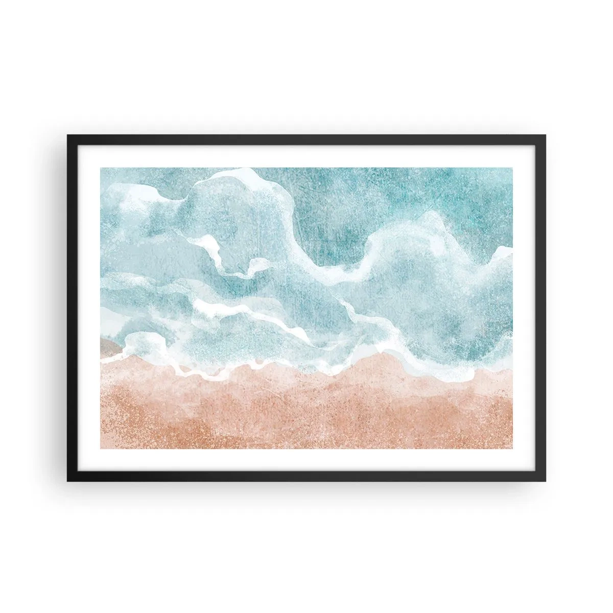 Plakat w czarnej ramie - Abstrakcyjna plaża z falami w odcieniach błękitu i beżu - 70x50cm - Abstrakcja obłoczna - Nowoczesna dekoracja ścienna do salonu i sypialni ARTTOR