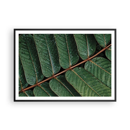 Plakat w czarnej ramie - Zielone liście z kroplami rosy w makro ujęciu - 100x70cm - W zielonym rytmie - Nowoczesna dekoracja ścienna do salonu i sypialni ARTTOR