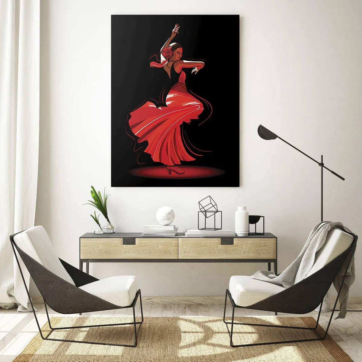 Obraz na szkle - Tancerka flamenco w czerwonej sukni na czarnym tle - 50x70cm - Ognisty duch flamenco - Nowoczesna dekoracja ścienna do salonu, kuchni i sypialni ARTTOR