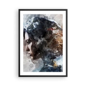 Plakat w czarnej ramie - Sylwetka kobiety z akwarelowym pejzażem w tle - 50x70cm - Opowieść o dziewczynie z miastem w tle - Nowoczesna dekoracja ścienna do salonu i sypialni ARTTOR