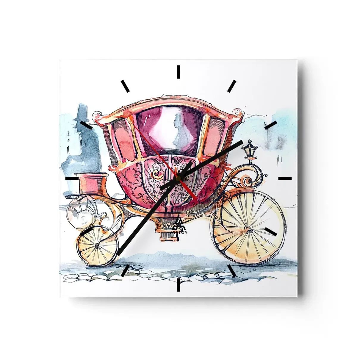 Zegar ścienny - Stylowa ilustracja zabytkowej karety w pastelowych kolorach - 30x30cm - Do ślubu czy na bal? - Nowoczesna dekoracja ścienna do salonu i sypialni ARTTOR