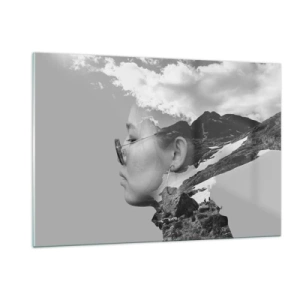 Obraz na szkle - A creative double exposure portrait with a mountain landscape and clouds - 120x80cm - Portret górny i chmurny - Nowoczesna dekoracja ścienna do salonu, kuchni i sypialni ARTTOR