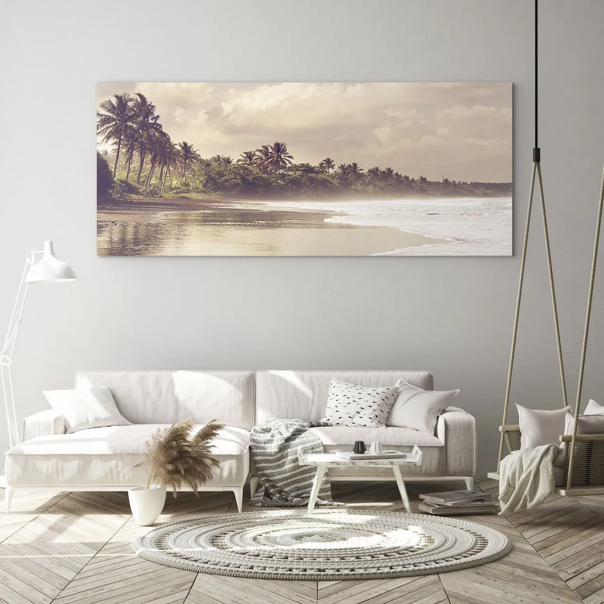 Obraz na szkle - Plaża z palmami i delikatnymi falami o poranku - 120x50cm - Pieszczota fal - Nowoczesna dekoracja ścienna do salonu i sypialni ARTTOR
