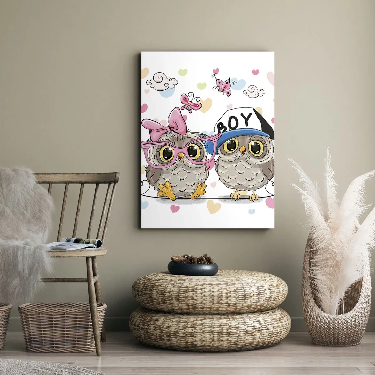 Obraz na płótnie - Dwie urocze sowy w otoczeniu serduszek - 70x100cm - Kochajmy się! - Nowoczesna dekoracja ścienna do salonu i sypialni ARTTOR