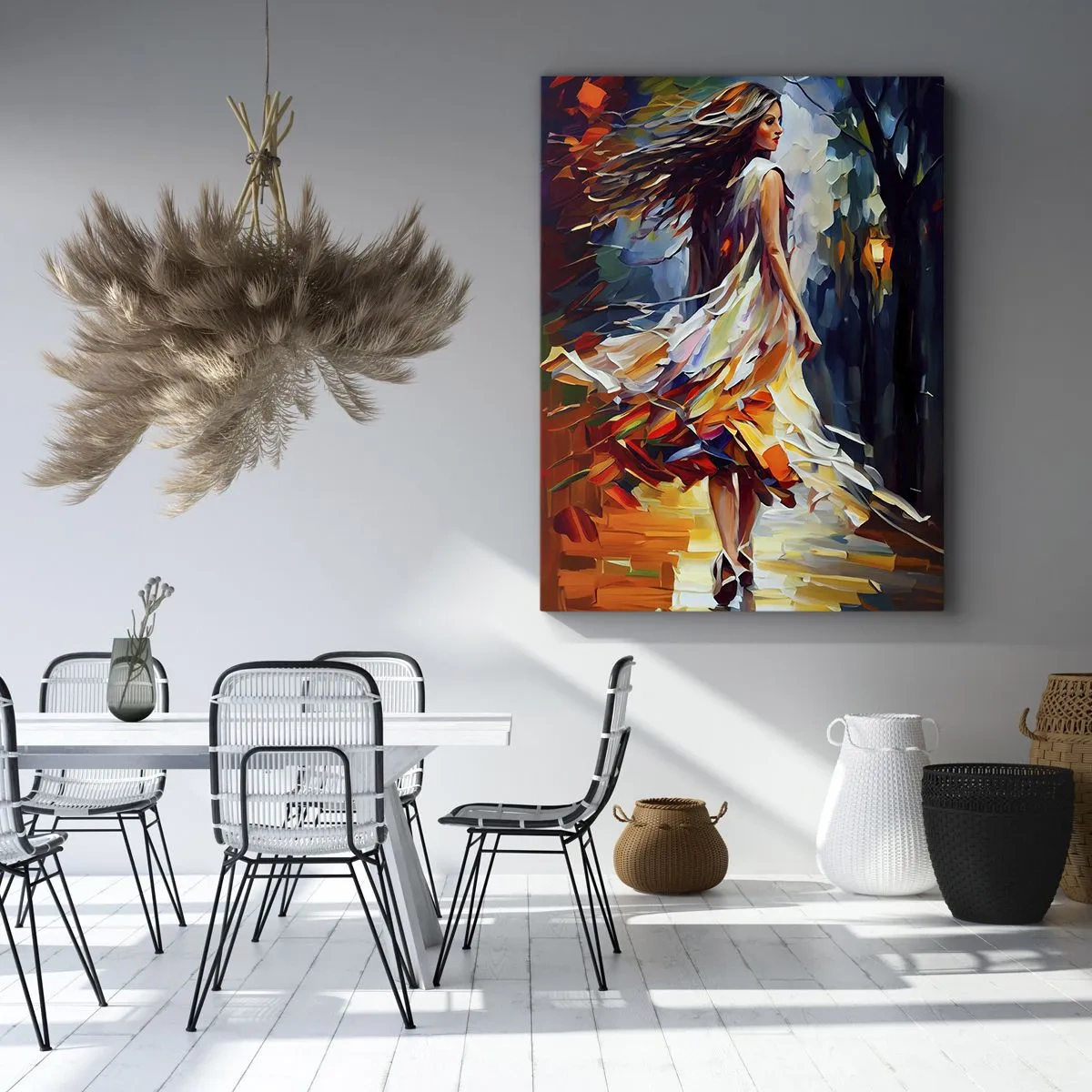 Obraz na płótnie - Kobieta w zwiewnej sukni spacerująca nocą po parku w impresjonistycznym stylu - 50x70cm - Jesienna dziewczyna - Nowoczesna dekoracja ścienna do salonu, kuchni i sypialni ARTTOR