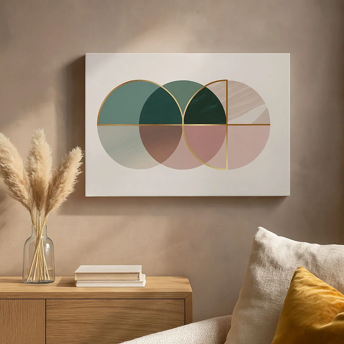 Obraz na płótnie - Abstrakcyjna kompozycja geometrycznych kształtów i złotych linii - 70x50cm - Koło za kołem… - Nowoczesna dekoracja ścienna do salonu i sypialni ARTTOR