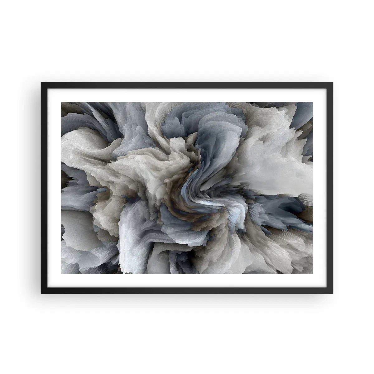 Plakat w czarnej ramie - Abstrakcyjny wir w odcieniach szarości i błękitu - 70x50cm - Kamień i kwiat - Nowoczesna dekoracja ścienna do salonu i sypialni ARTTOR