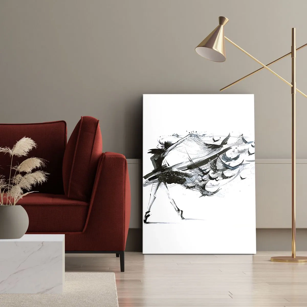 Obraz na płótnie - Tancerka z dynamiczną suknią układającą się w kształt ptaków - 80x120cm - Magia muzyki uwalnia od czaru - Nowoczesna dekoracja ścienna do salonu i sypialni ARTTOR