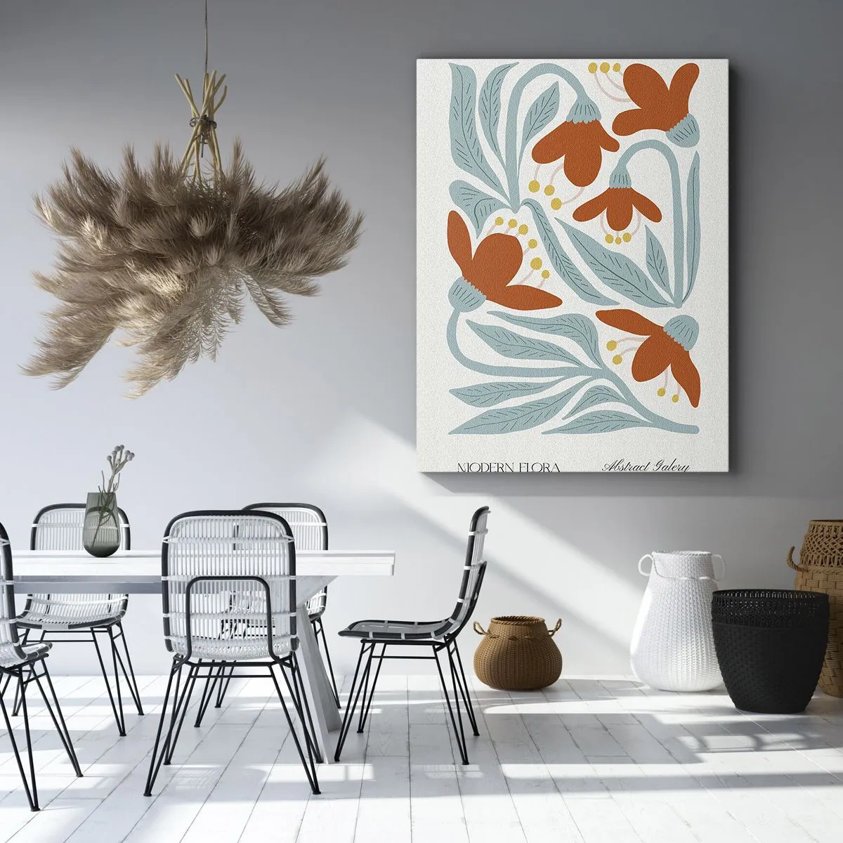 Obraz na płótnie - Delikatne pomarańczowe kwiaty i liście w stylu skandynawskim na jasnym tle - 50x70cm - Ku ziemi, ku słońcu - Nowoczesna dekoracja ścienna do salonu, kuchni i sypialni ARTTOR
