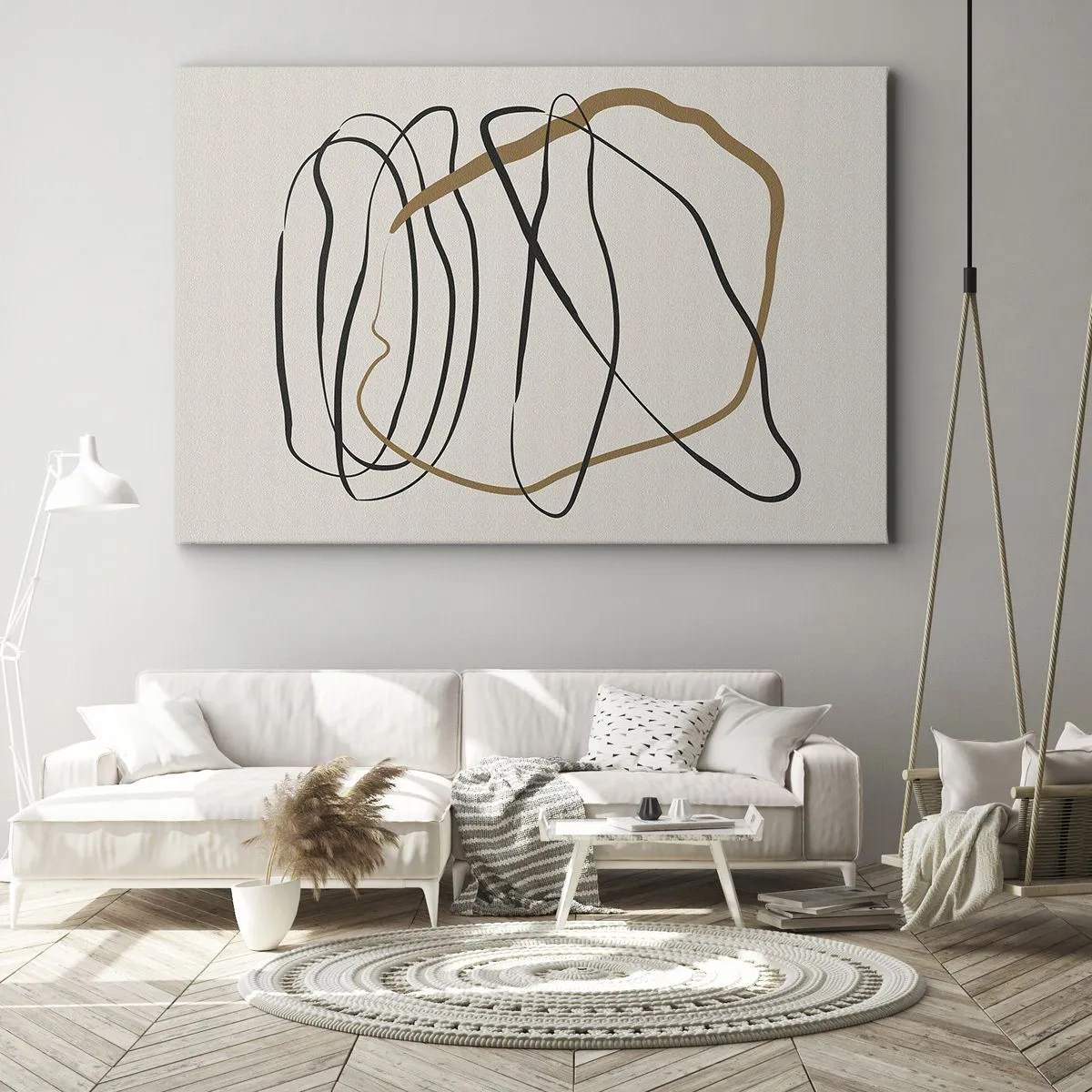 Obraz na płótnie - Artystyczne linie w czerni i złocie na jasnym tle - 70x50cm - Kompozycja – taniec opętaniec - Nowoczesna dekoracja ścienna do salonu i sypialni ARTTOR