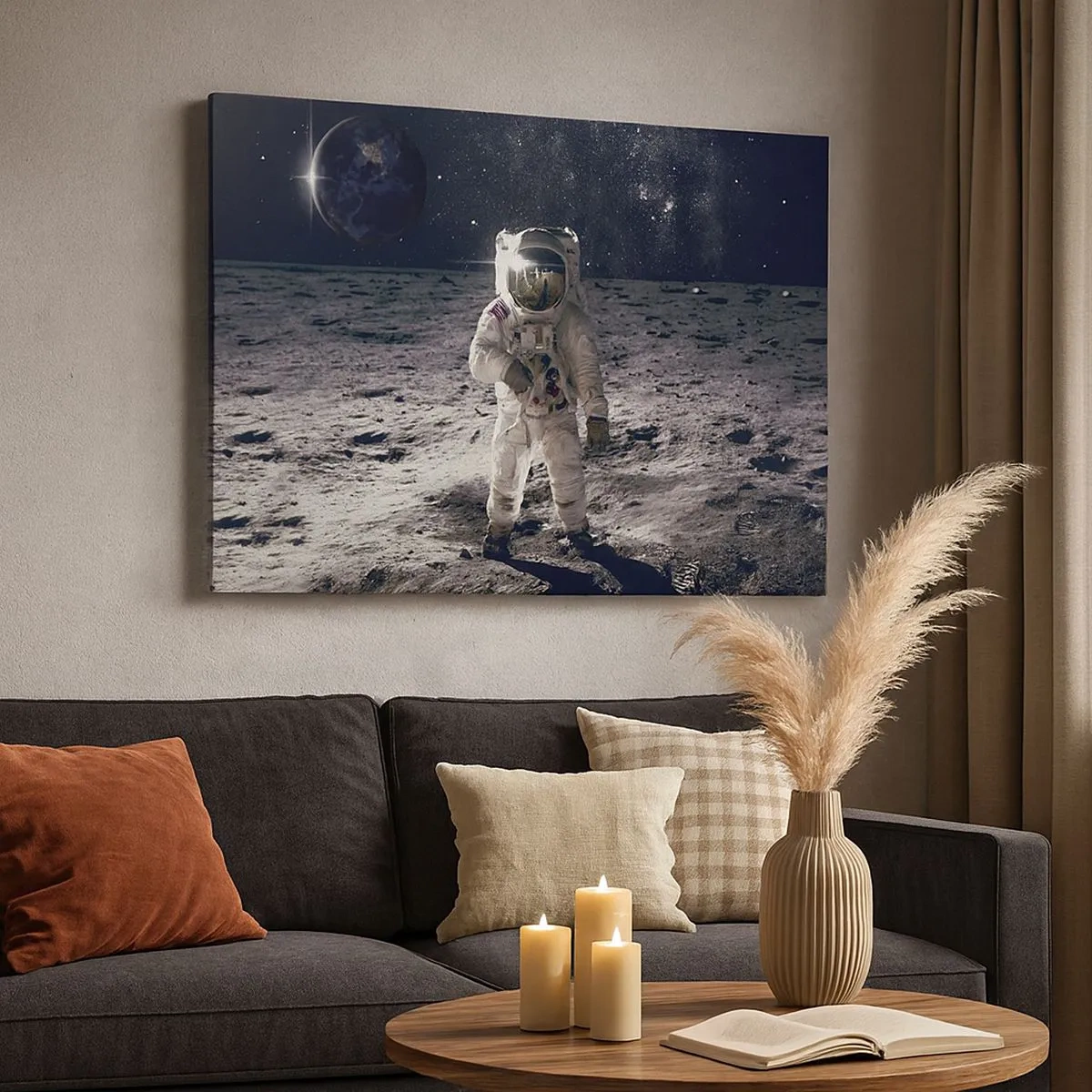 Obraz na płótnie - Astronauta na powierzchni Księżyca z Ziemią w tle - 70x50cm - Pozdrowienia z Księżyca - Nowoczesna dekoracja ścienna do salonu i sypialni ARTTOR