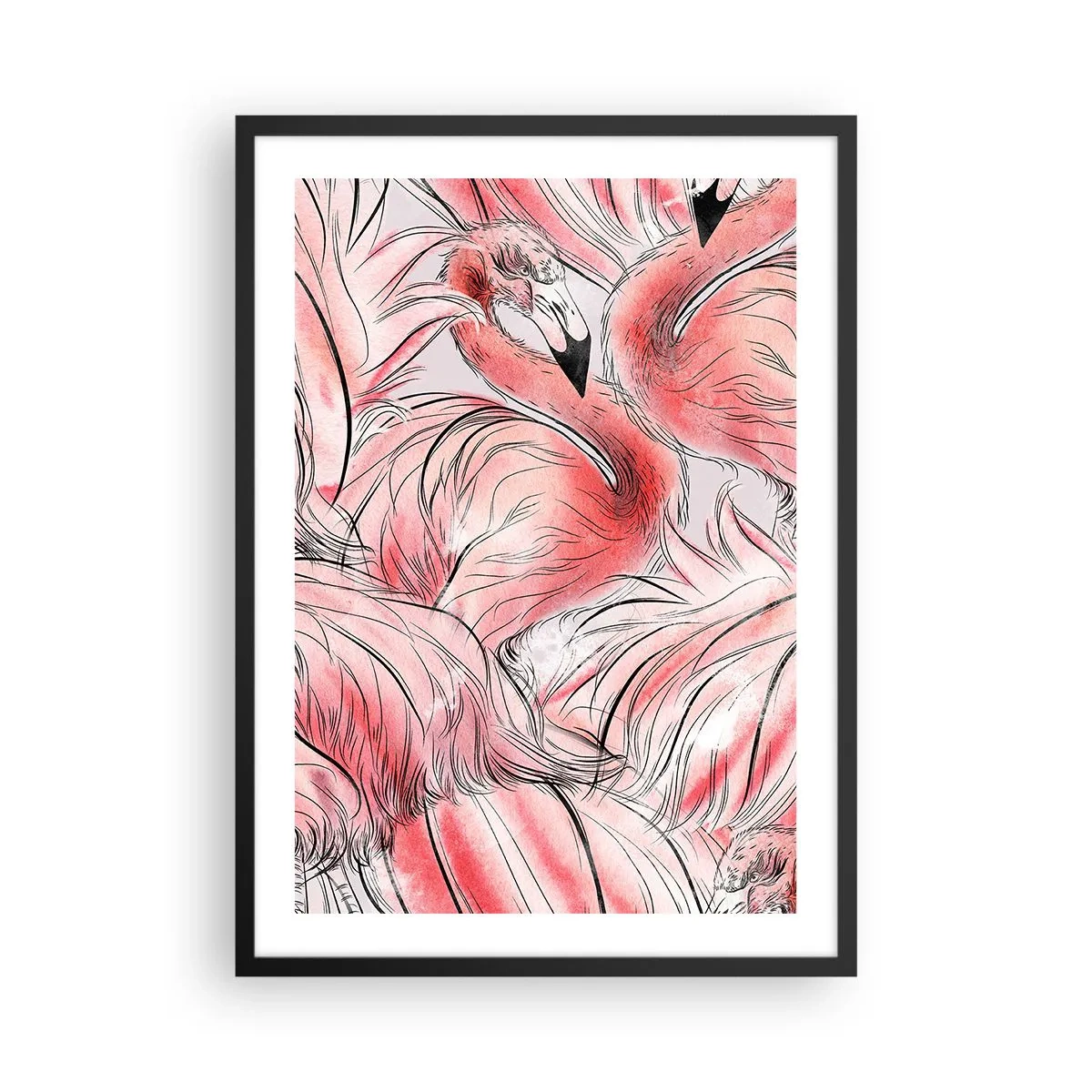 Plakat w czarnej ramie - Subtelny wzór flamingów w odcieniach różu - 50x70cm - Ptasi corps de ballet - Nowoczesna dekoracja ścienna do salonu i sypialni ARTTOR