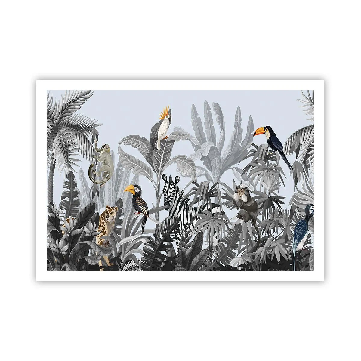 Plakat - Tropikalna dżungla z egzotycznymi zwierzętami na szarym tle - 100x70cm - Afrykańska bajka - Nowoczesna dekoracja ścienna do salonu i sypialni ARTTOR
