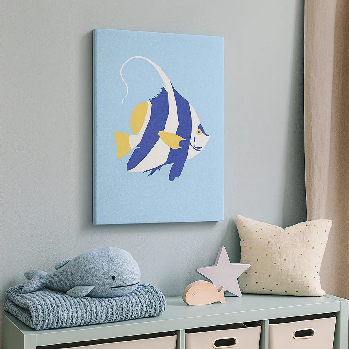 Obraz na płótnie - Minimalistyczna ilustracja ryby tropikalnej na błękitnym tle - 50x70cm - Miss tropikalnych wód - Nowoczesna dekoracja ścienna do salonu, kuchni i sypialni ARTTOR