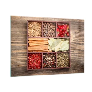 Obraz na szkle - Kolorowe przyprawy w drewnianych przegródkach - 100x70cm - Porządek kształtów, bukiet aromatów - Nowoczesna dekoracja ścienna do salonu, kuchni i sypialni ARTTOR