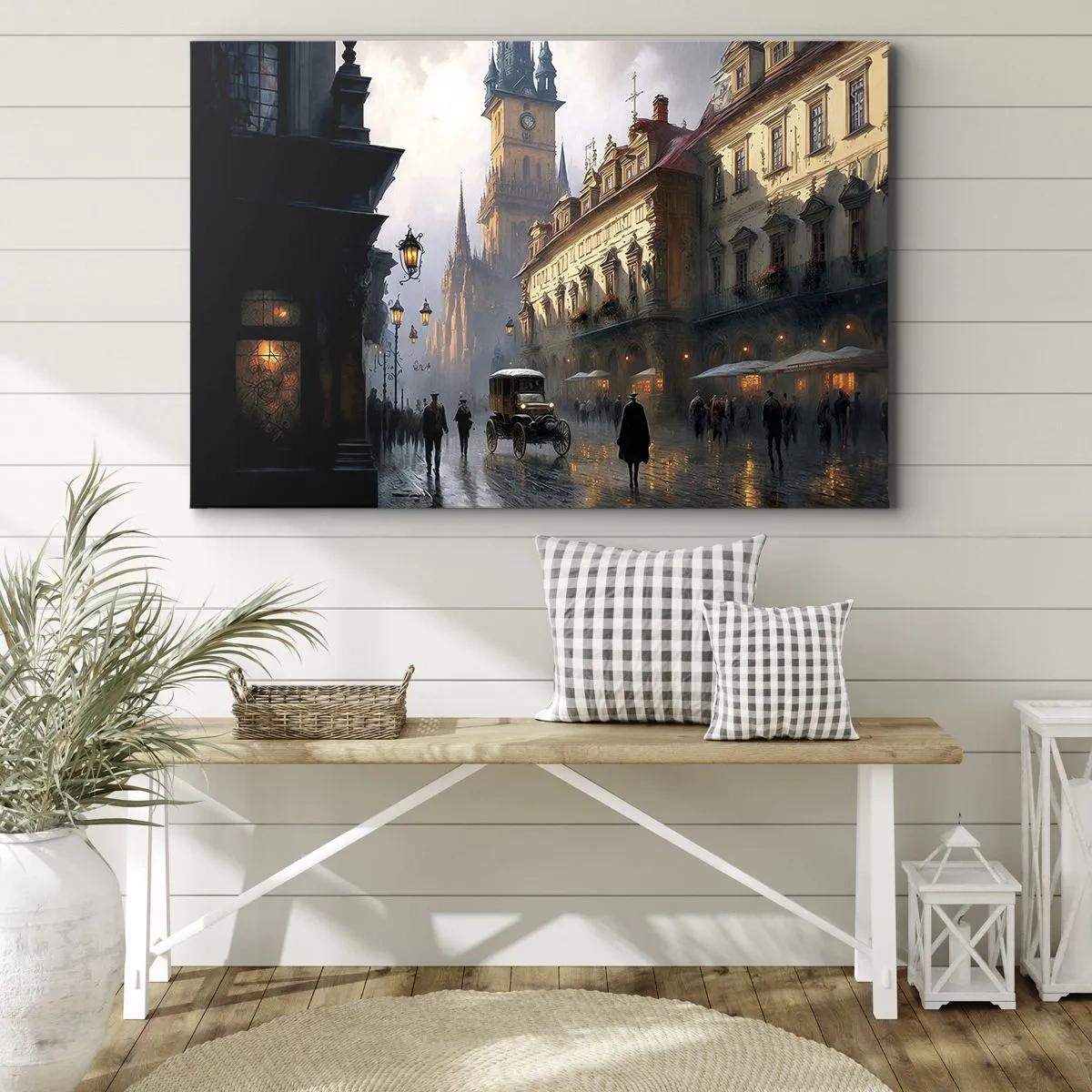 Obraz na płótnie - Wieczorna scena uliczna z zabytkową architekturą - 70x50cm - Czar praskiego wieczoru - Nowoczesna dekoracja ścienna do salonu i sypialni ARTTOR