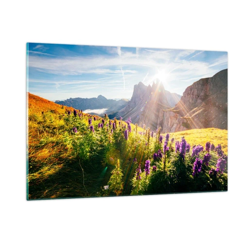 Obraz na szkle - Górska łąka pełna kwiatów na tle skalistych szczytów o wschodzie słońca - 120x80cm - Sekretne życie ziół - Nowoczesna dekoracja ścienna do salonu, kuchni i sypialni ARTTOR