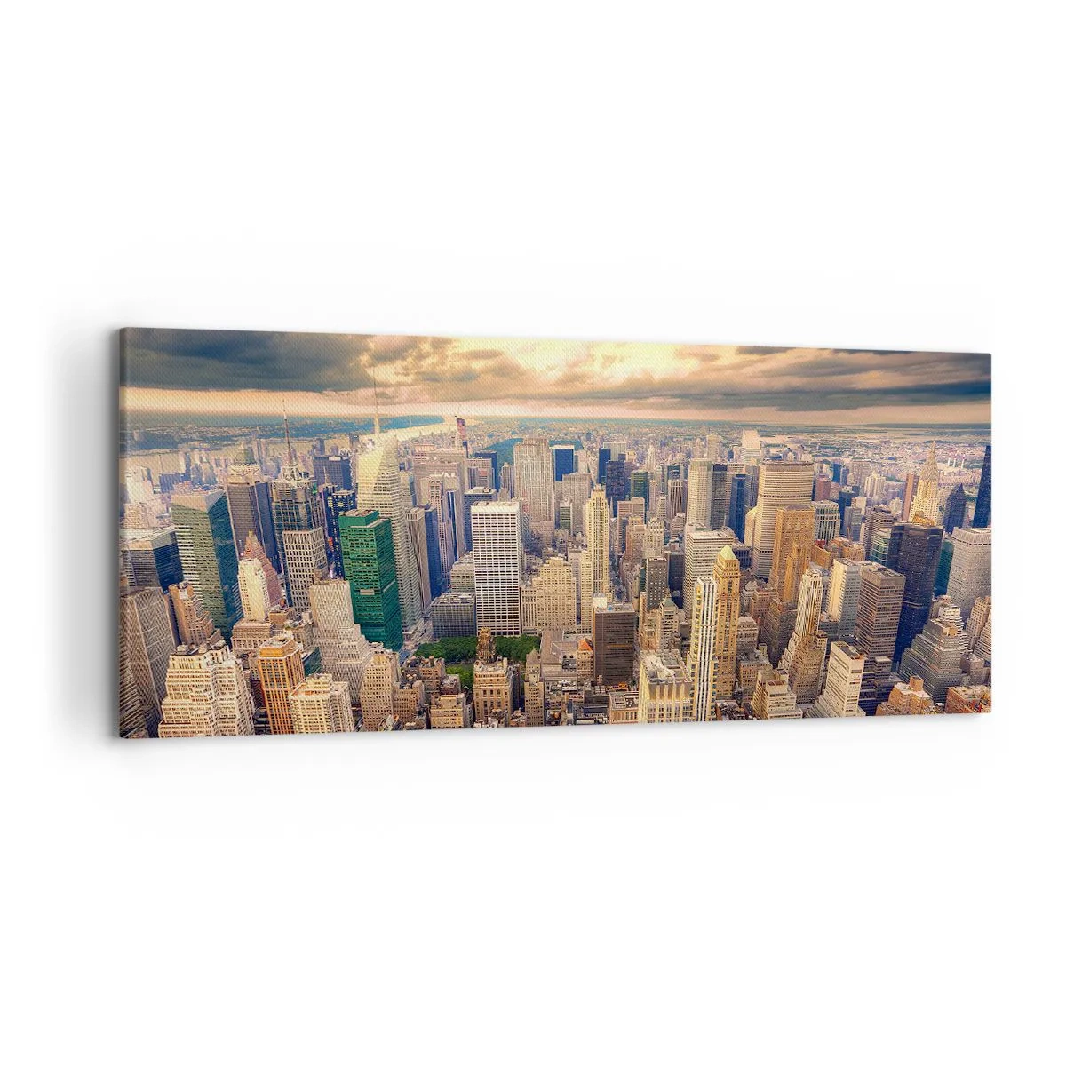 Obraz na płótnie - Panorama miasta z widokiem na drapacze chmur o zachodzie słońca - 120x50cm - Wyzłocone metropolis - Nowoczesna dekoracja ścienna do salonu i sypialni ARTTOR