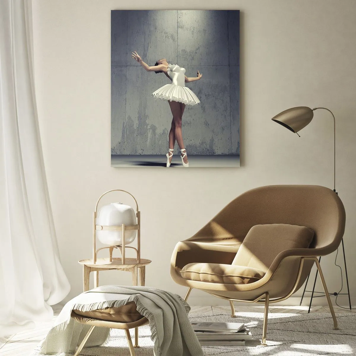 Obraz na szkle - Baletnica w białej sukni na tle surowej ściany - 50x70cm - Lekko jak ptak - Nowoczesna dekoracja ścienna do salonu, kuchni i sypialni ARTTOR