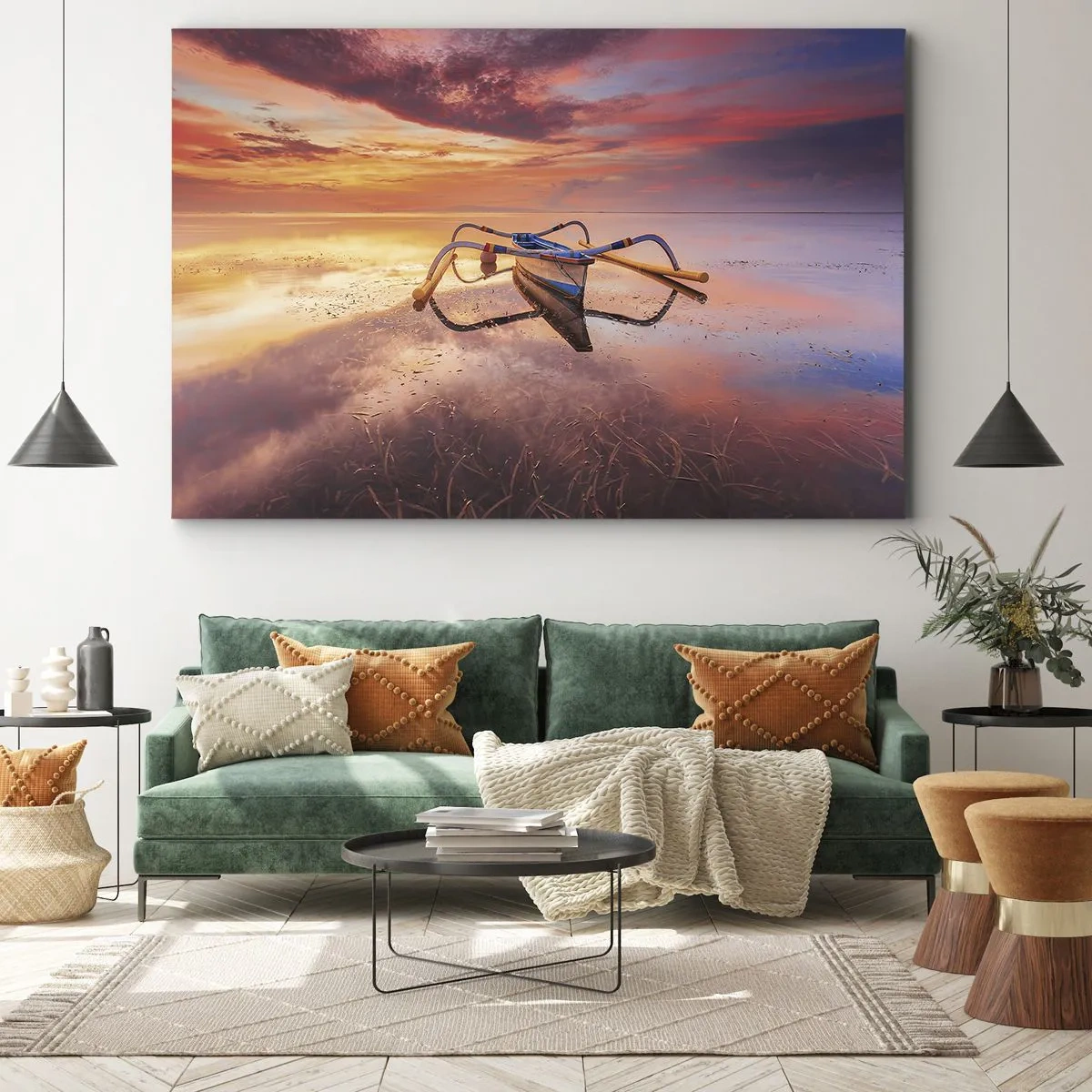 Obraz na płótnie - Łódź na spokojnej wodzie o zachodzie słońca - 70x50cm - Spokój tropikalnego wieczoru - Nowoczesna dekoracja ścienna do salonu i sypialni ARTTOR