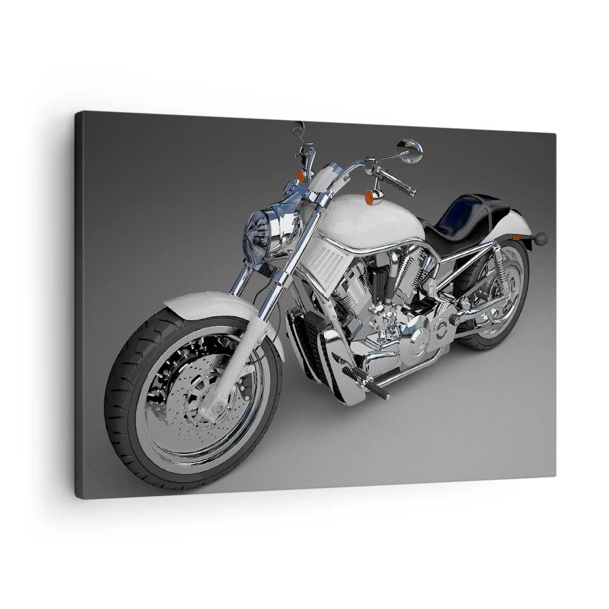 Obraz na płótnie - Biały motocykl cruiser na szarym tle - 70x50cm - Aż chce się klęknąć - Nowoczesna dekoracja ścienna do salonu i sypialni ARTTOR