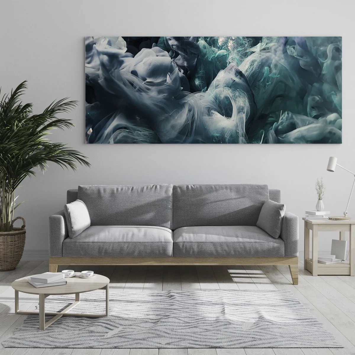 Obraz na szkle - Dynamiczne abstrakcyjne fale w odcieniach błękitu i bieli - 120x50cm - Ruch koloru - Nowoczesna dekoracja ścienna do salonu i sypialni ARTTOR