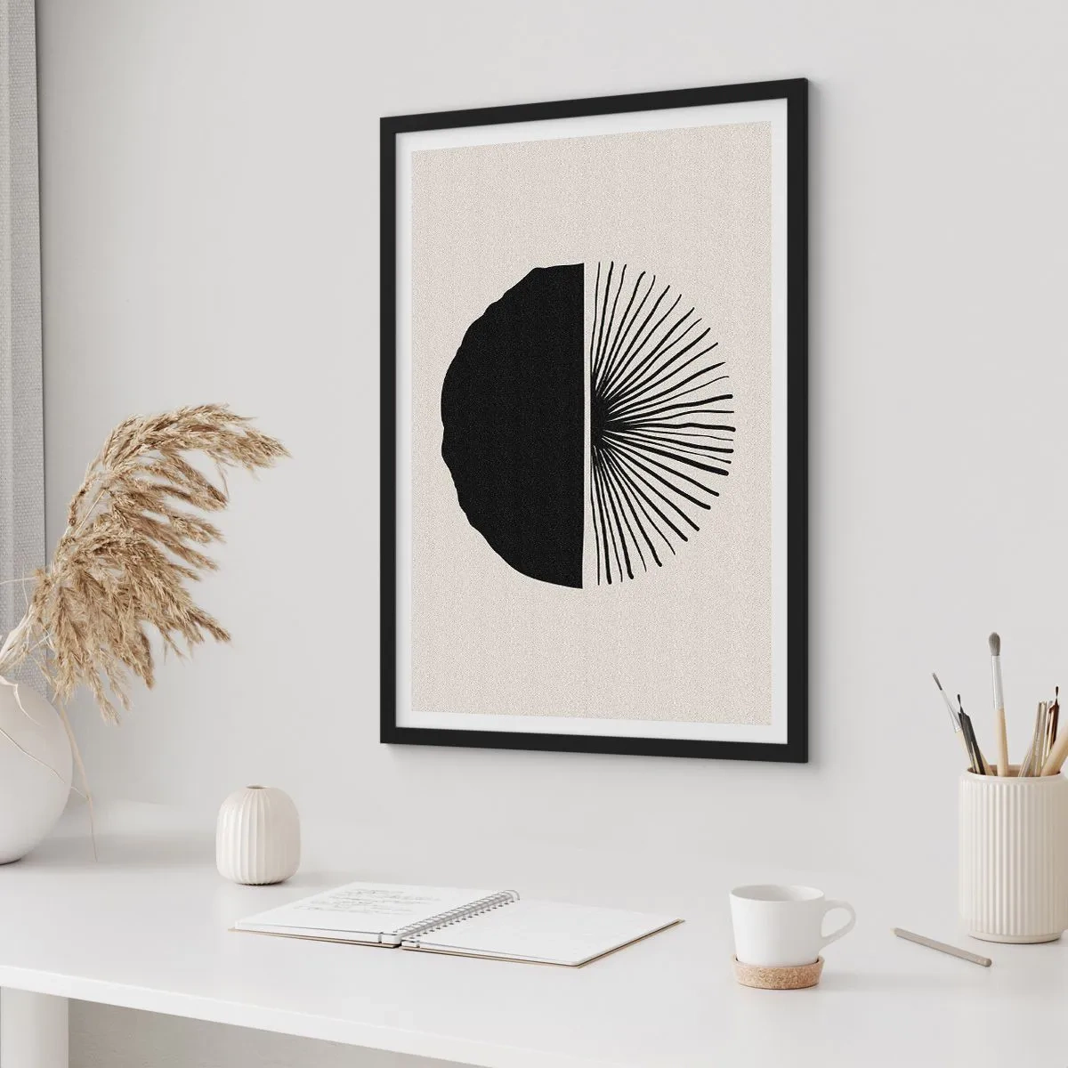 Plakat w czarnej ramie - Minimalistyczna czarno-biała abstrakcja - 50x70cm - Wachlarz możliwości - Nowoczesna dekoracja ścienna do salonu i sypialni ARTTOR
