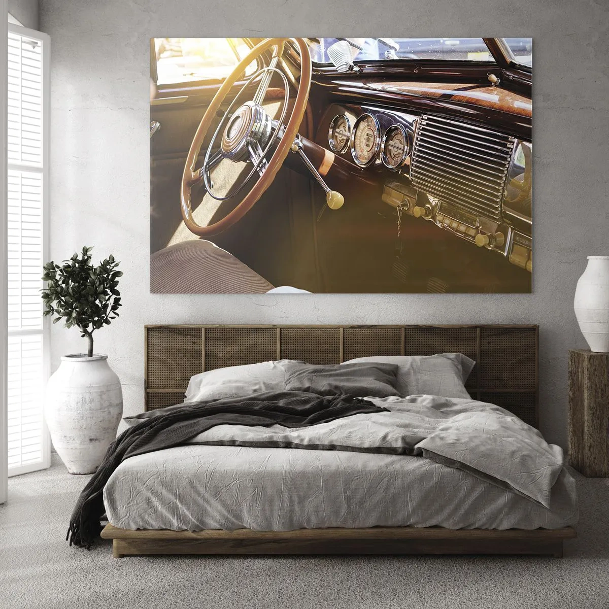 Obraz na szkle - Wnętrze zabytkowego samochodu z drewnianą kierownicą - 70x50cm - Powiew luksusu z przeszłości - Nowoczesna dekoracja ścienna do salonu i sypialni ARTTOR