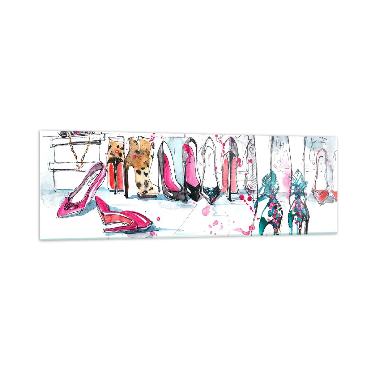 Obraz na szkle - Artystyczna grafika z butami na wysokim obcasie i akcesoriami - 160x50cm - Sezamie, otwórz się - Nowoczesna dekoracja ścienna do salonu i sypialni ARTTOR