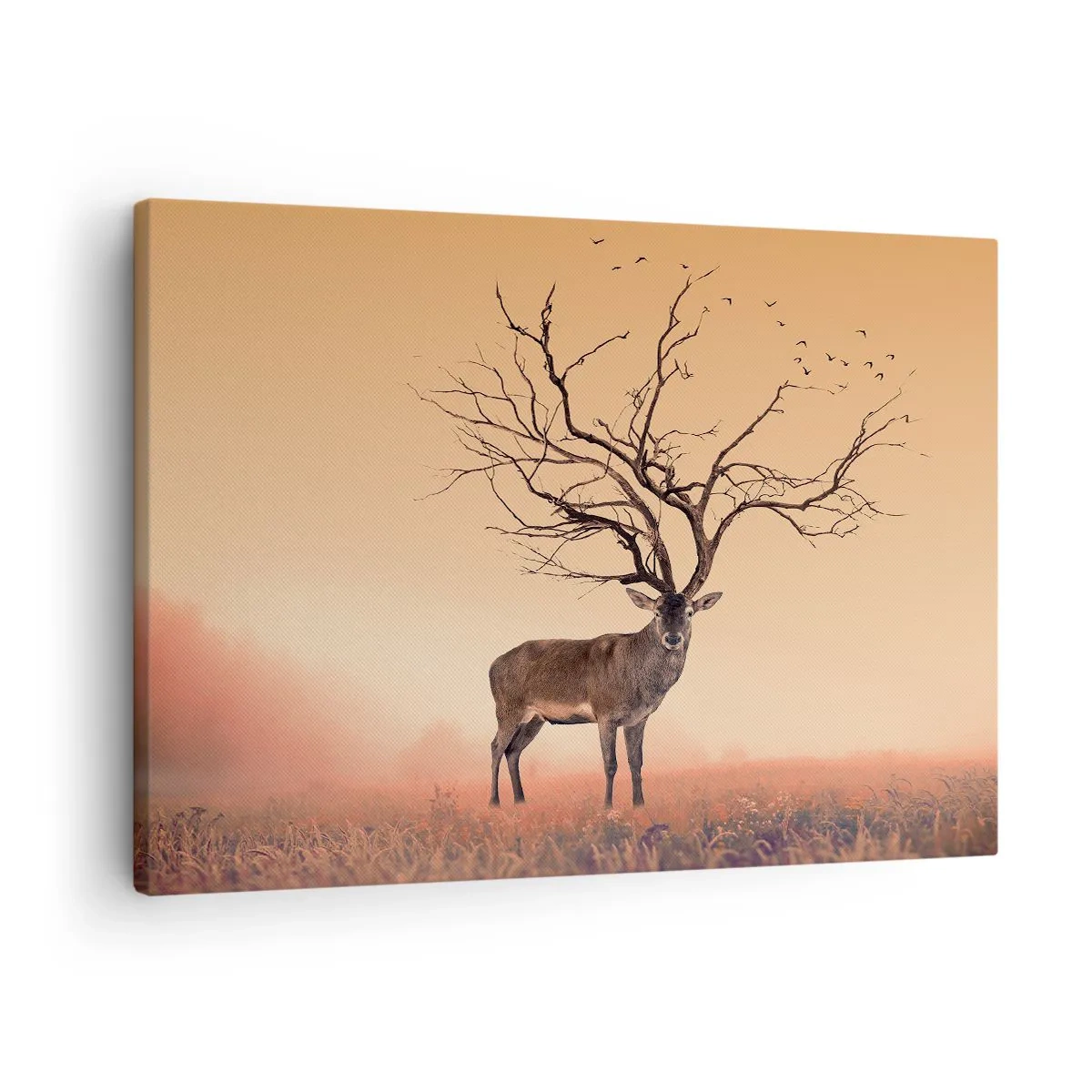 Obraz na płótnie - Fantazyjna grafika jelenia z gałęziami zamiast poroża - 70x50cm - Prajeleń - odwieczny duch lasu - Nowoczesna dekoracja ścienna do salonu i sypialni ARTTOR