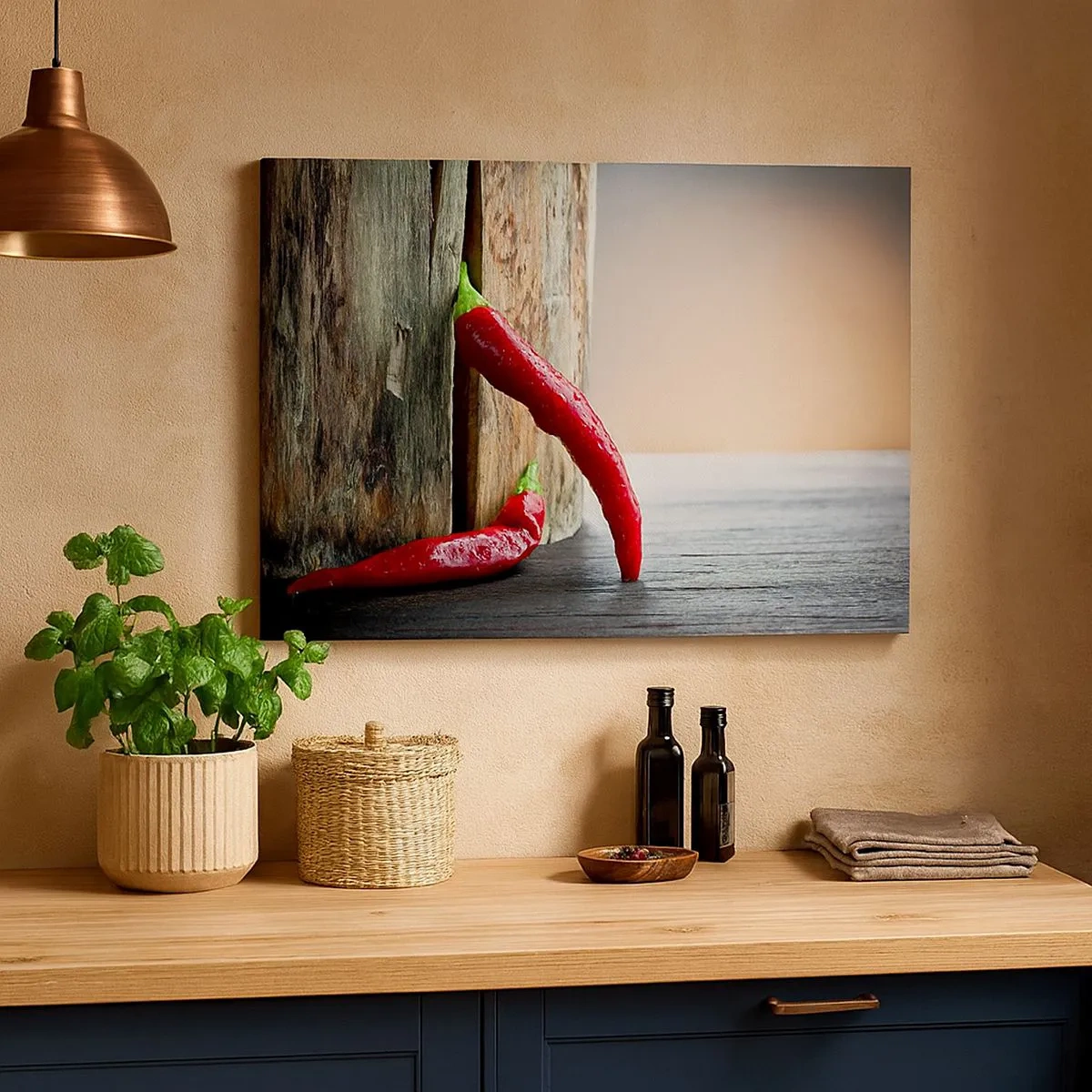 Obraz na płótnie - Dwie czerwone papryczki chili na drewnianym tle z rustykalnym akcentem - 70x50cm - Red hot chili peppers - Nowoczesna dekoracja ścienna do salonu i sypialni ARTTOR