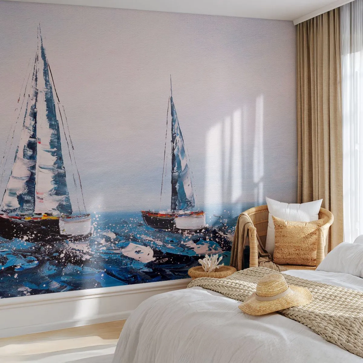 Fototapeta Premium Sand - Dwa żaglówki na wzburzonym morzu w impresjonistycznym stylu - 100x70cm - Braterstwo wiatru - Nowoczesna dekoracja ścienna do salonu, kuchni i sypialni ARTTOR
