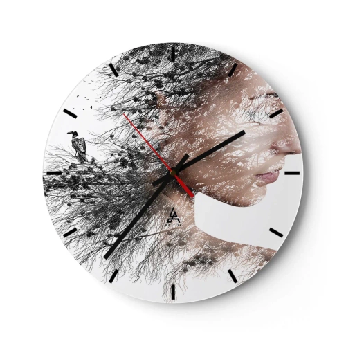Zegar ścienny - Artystyczny profil kobiety z motywem gałęzi i ptaków na białym tle - 30x30cm - Duch lasu - Nowoczesna dekoracja ścienna do salonu, kuchni i sypialni ARTTOR