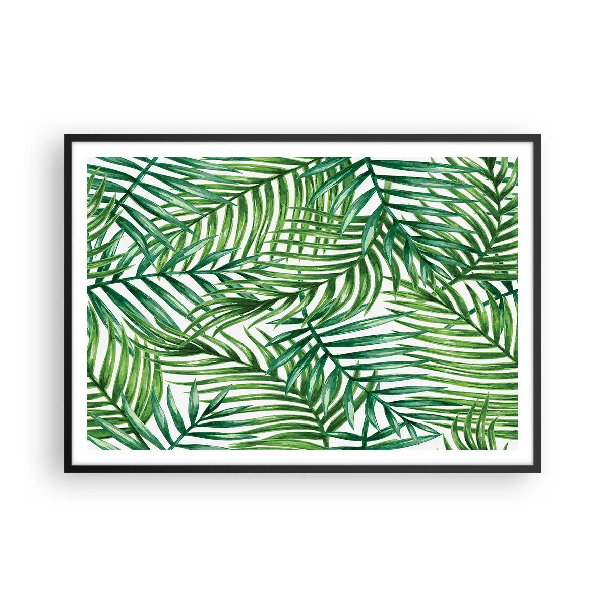 Plakat w czarnej ramie - Zielone liście tropikalnych palm na jasnym tle - 100x70cm - Pod zielonym baldachimem - Nowoczesna dekoracja ścienna do salonu i sypialni ARTTOR