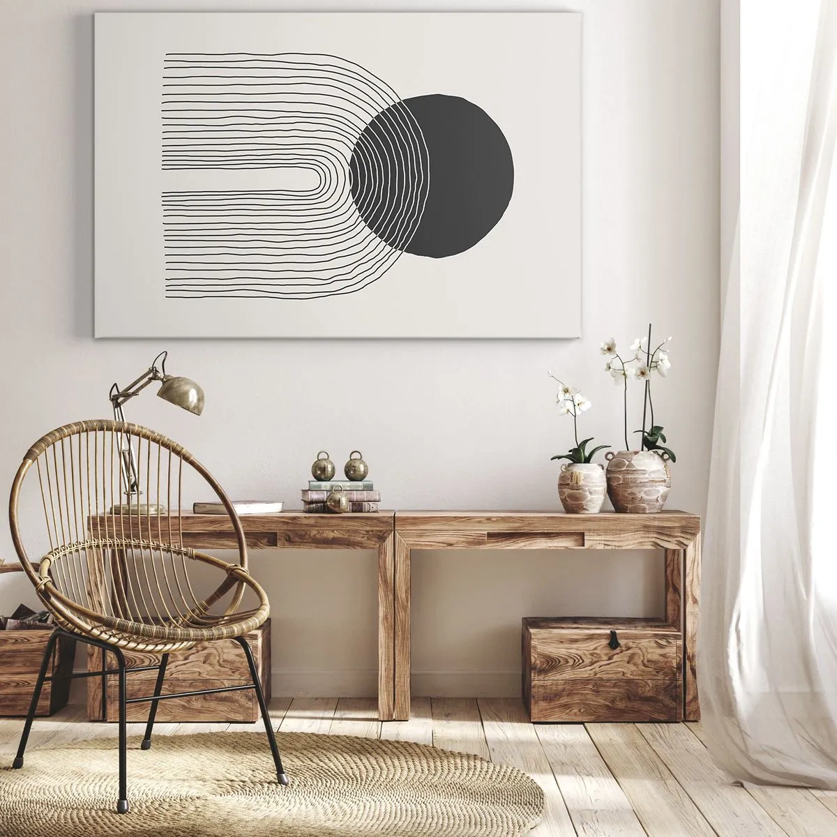 Obraz na płótnie - Abstrakcyjny wzór z liniami i czarnym kołem na jasnym tle - 70x50cm - Drżenie i pewność - Nowoczesna dekoracja ścienna do salonu i sypialni ARTTOR