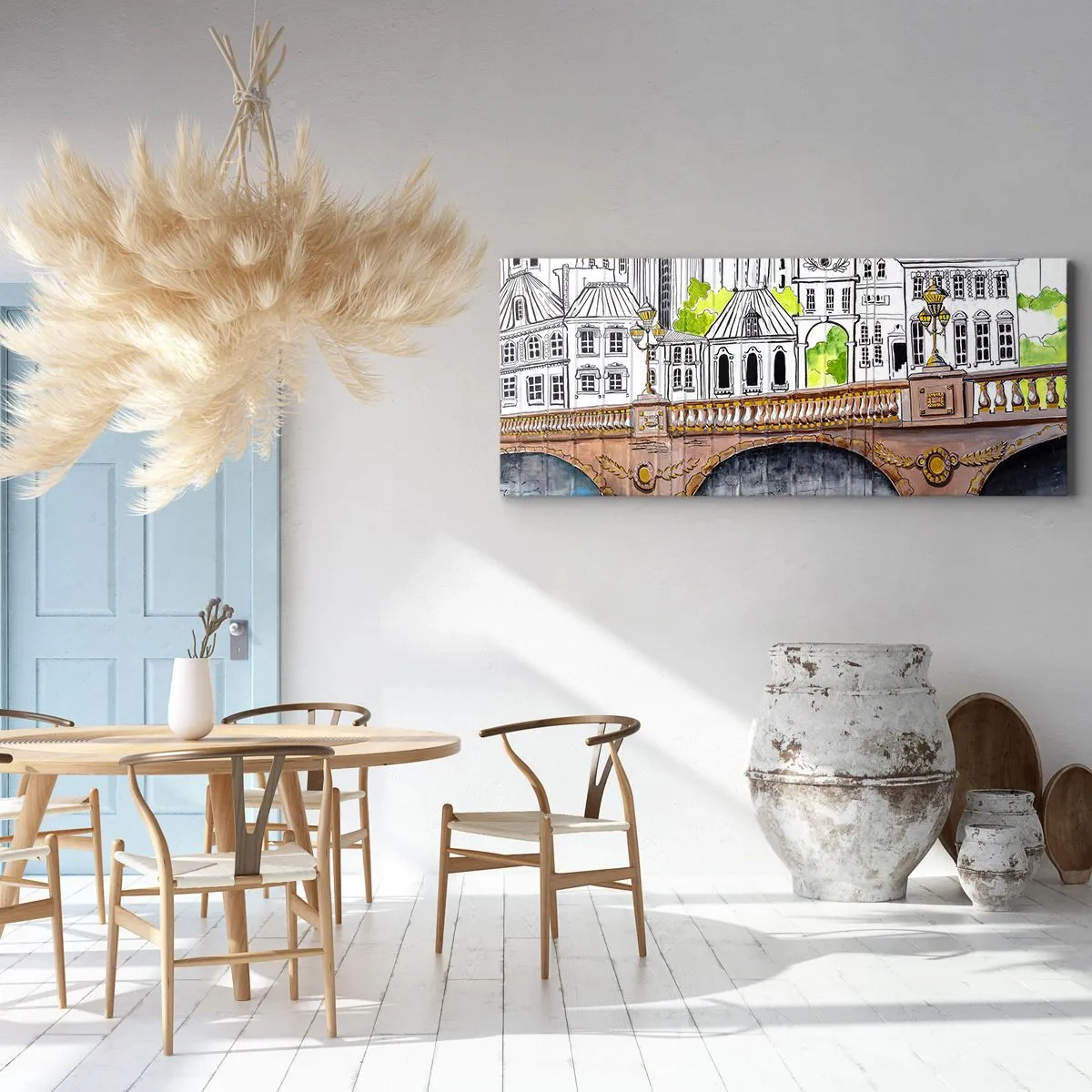 Obraz na płótnie - Rysunek mostu i zabytkowej architektury miejskiej - 160x50cm - Miasto jak malowane - Nowoczesna dekoracja ścienna do salonu i sypialni ARTTOR