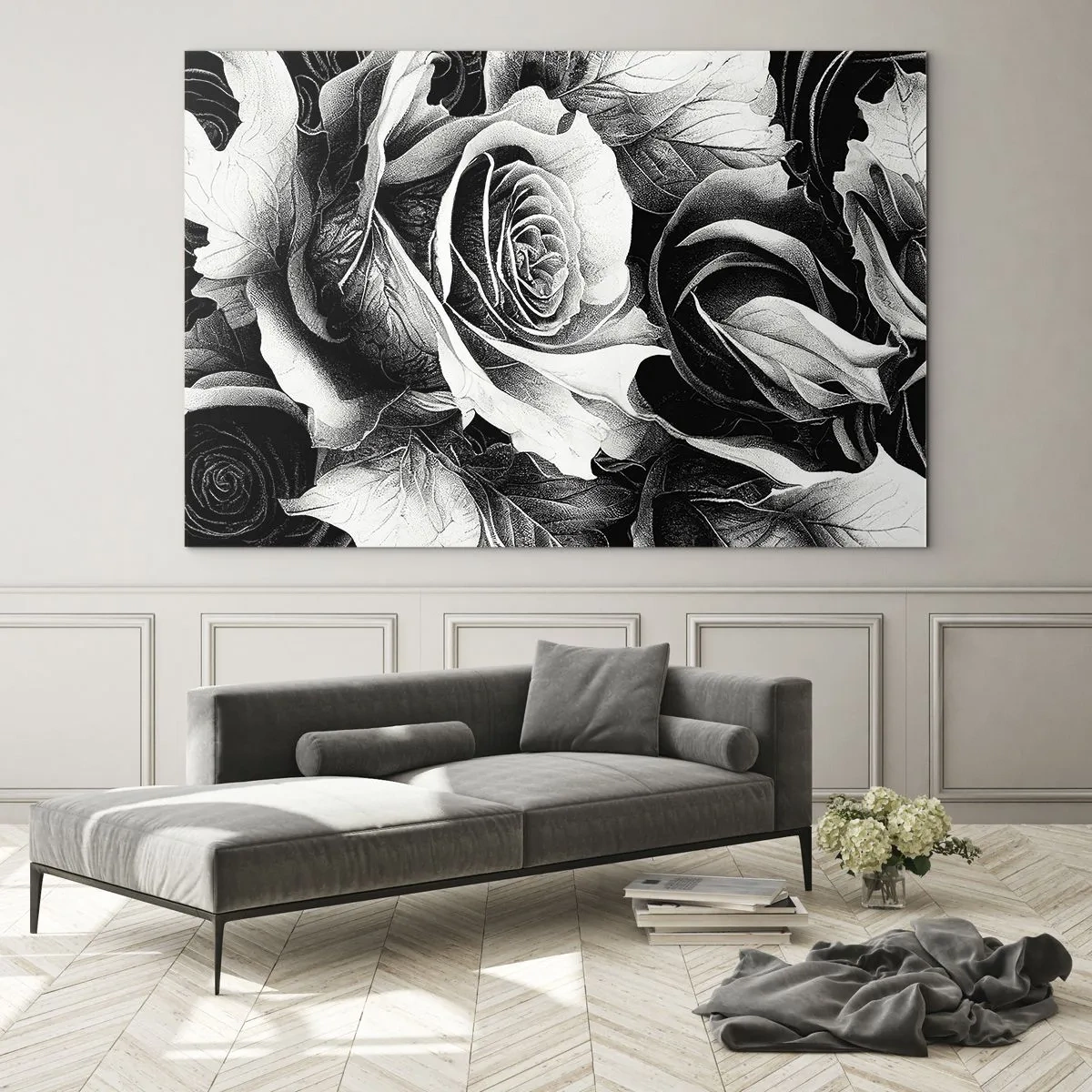 Obraz na szkle - Czarno-biała kompozycja kwiatów róż z detalami - 70x50cm - Zawsze królowa - Nowoczesna dekoracja ścienna do salonu i sypialni ARTTOR