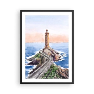 Plakat w czarnej ramie - Akwarelowa ilustracja latarni morskiej na skalistym wybrzeżu - 50x70cm - Zwrócona ku morzu - Nowoczesna dekoracja ścienna do salonu i sypialni ARTTOR