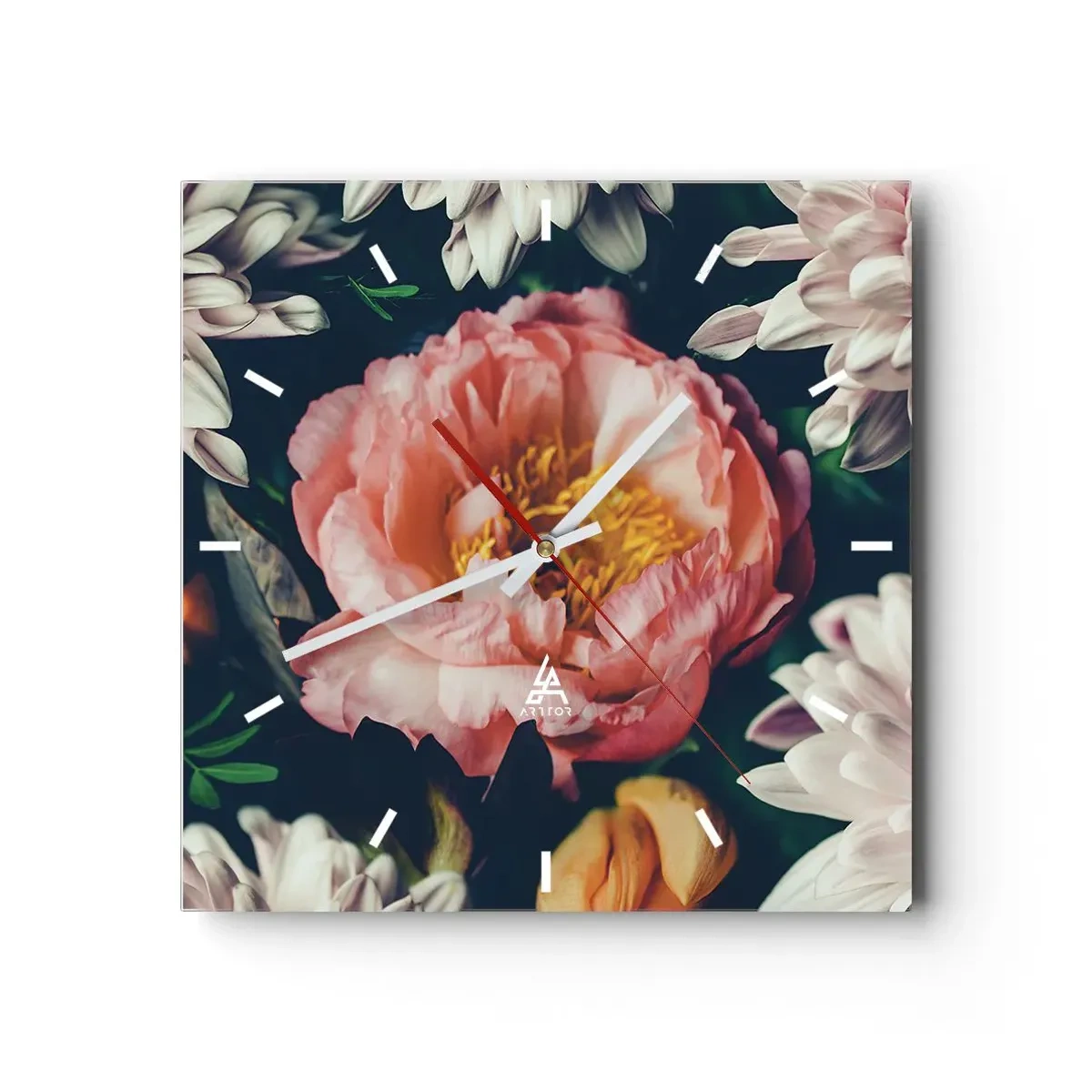 Zegar ścienny - Kwiatowa kompozycja z piwonią i chryzantemami na ciemnym tle - 30x30cm - Z barokowym przepychem - Nowoczesna dekoracja ścienna do salonu i sypialni ARTTOR